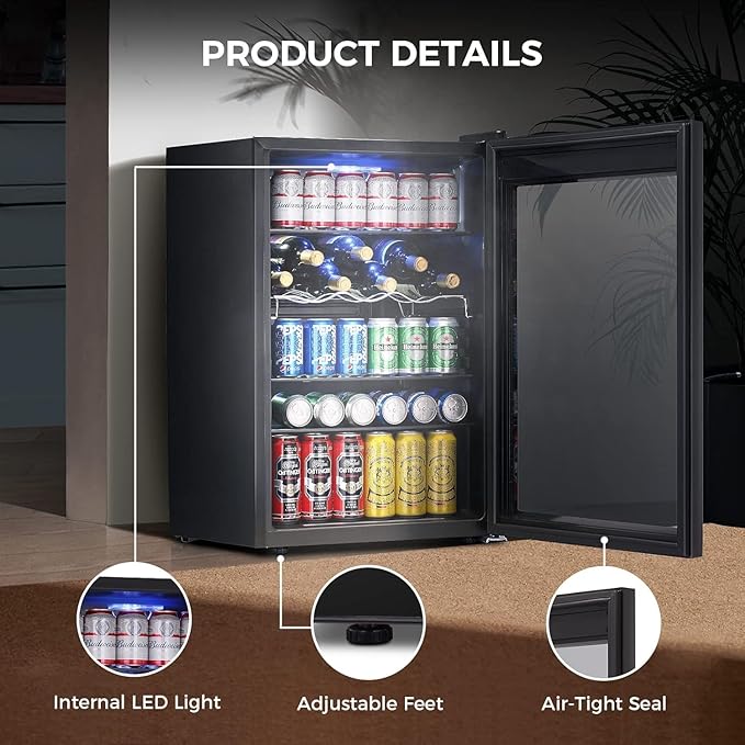 Kismile 4.5 Cu.ft Beverage Refrigerator and Cooler, 145 Can Mini Fridge Glass Door,Digital Temperature Display for Soda, Beer or Wine, Small Drink Dispenser Cooler for Home, Office or Bar(Black)