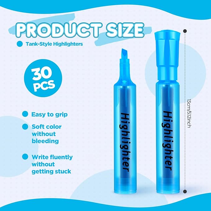 Qilery 30 Pack Highlighters Bulk, Tank Style Chisel Tip Highlighters Markers Quick Drying for Kids and Adult Coloring, Classroom Home Office School Supplies (Blue)