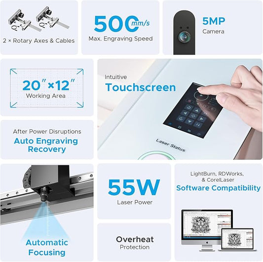 OMTech Polar+ 55W CO2 Laser Engraver Cutter with LightBurn, 20"x12" Work Area, 5MP Camera, Dual Rotary Axes, 500mm/s Speed, with Water Pump, Laser Cutting Machine for Wood Acrylic Glass More