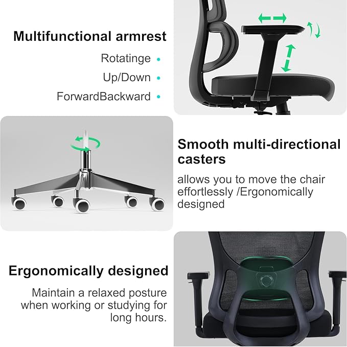 Ergonomic Office Mesh Chair, High Back Swivel Comfty Desk Chairs- 3D Armrest Adjustable Lumbar Support Capacity 400lbs and Headrest Wide for Home & Office, Bedroom (Black)