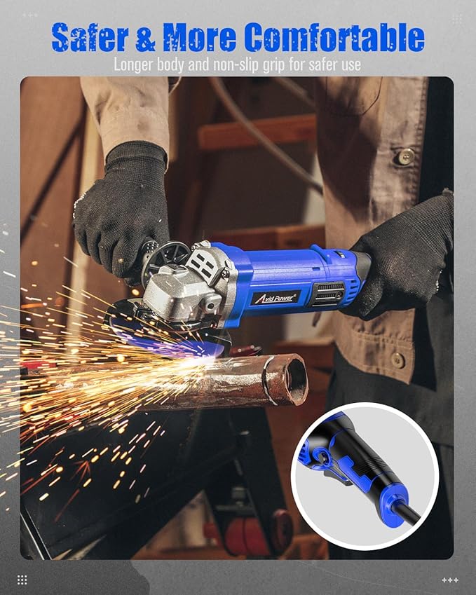 AVID POWER Angle Grinder 4-1/2 Inch 8.0 Amp 1000W Electric Grinder Tool 7-Variable-Speed Metal Grinder, 11,500 RPM, Paddle Switch with Lock-on Button, Cutting & Grinding Wheels and Side Handle - Blue