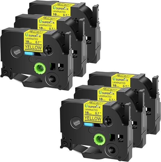 6PK 18mm Yellow Label Tape Compatible for Brother P-Touch Label Maker Tape TZe-641 TZe TZ Label Tape TZ-641 TZe641 18mm 0.7'' Laminated Black on Yellow for PT-D400 D410 D600 D610BT D460BT