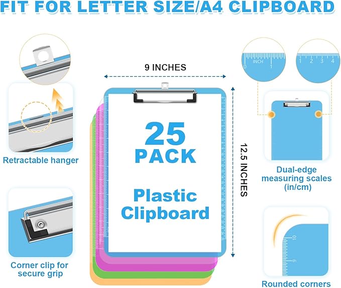 TOTiyea Clipboard Set of 25, 12.5 x 9 Inch Multi Color, Plastic Clipboard with Low Profile Clip, 75 Sheets Capacity, Standard Letter Size