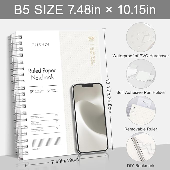 EMSHOI Lined Spiral Journal Notebook, B5 College Ruled Notebook, 300 Pages/150 Sheets, 100gsm Acid-Free Paper, Waterproof Softcover Notebook for School, Work, Note Taking, 7.48" × 10.15" - Transparent