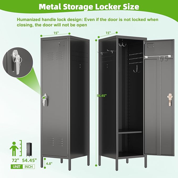 Aobabo Metal Storage Locker with Handle Lock, 54" H Steel Locker with Metal Hooks and Adjustable Shelf for School, Home, Office, Playroom, Assembly Required, Black