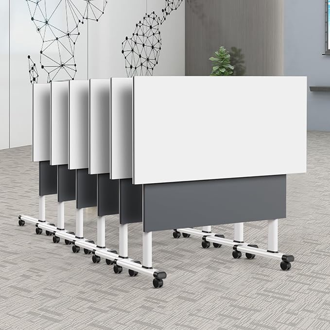 Folding Conference Table, Modern Large Conference Room Tables with Flip-Top Design, Foldable Conference Table Meeting Table with Wheels, Mobile Seminar Training Tables for Office Classroom (6, Gray)
