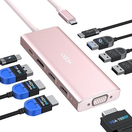 HODO USB C Docking Station Dual Monitor Adapter for Dell HP, Laptop Docking Station 3 Monitors Quad Display USB C Hub Dongle to 2 HDMI 4K,DP 8K, VGA,4 USB,PD, 9 in 1 Dongle Laptop Adapter