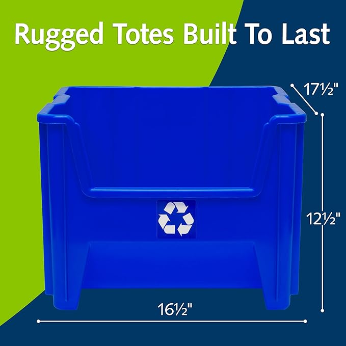 Commercial Industrial Heavy Duty Stackable Open-Front Recycling Bin Box Containers, 12 Gallon, 2 Pack, Blue