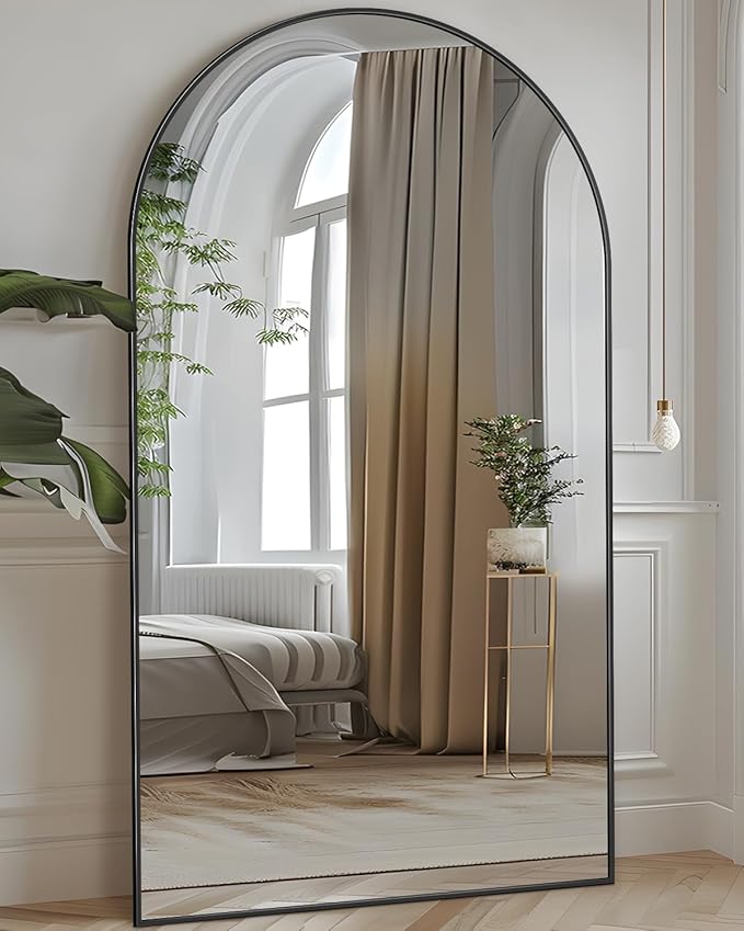 Full Length Mirror, 78"x38" Oversized Floor Mirror Freestanding, Full Body Floor Standing Mirror with Stand, Hanging Mounted for Bedroom Living Room, Black, Arched Style