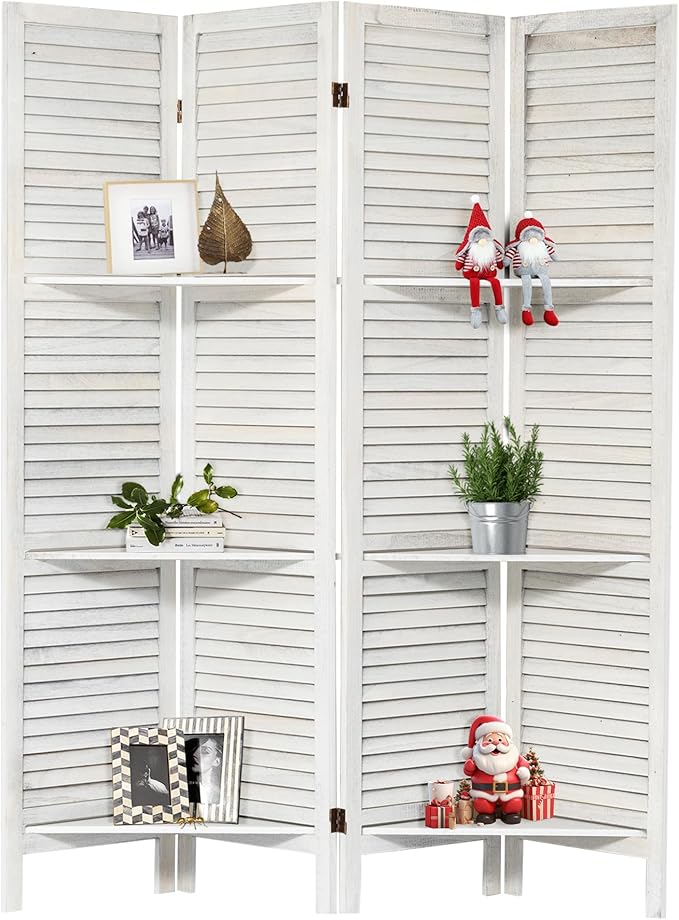 NicBex 4 Panel Room Divider,5.6FT Wood Carved Room Dividers with Display Shelves Folding Privacy Screens Portable Freestanding Partition Wall Dividers for Room Separation,Home Bedroom Office,White