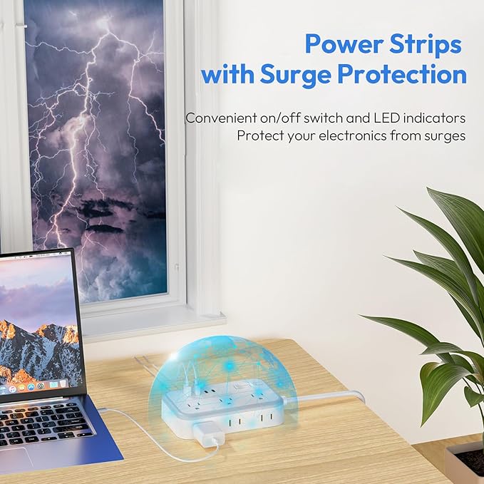 Extension Cord 15 ft, Surge Protector Power Strip with 6 Outlets 4 USB Charger(2 USB C Port), Flat Plug Outlet Extender Long Cord, Protection for Indoor, Home, Office Supplies, Dorm Room Essentials