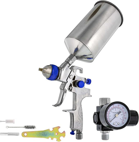 TCP Global Professional HVLP Spray Gun 1.8mm - Gravity Feed Auto Paint Gun Kit for Basecoat, Clearcoat, Primer - Spray Guns Paint Sprayer with Air Compressor Regulator (G6600-13)