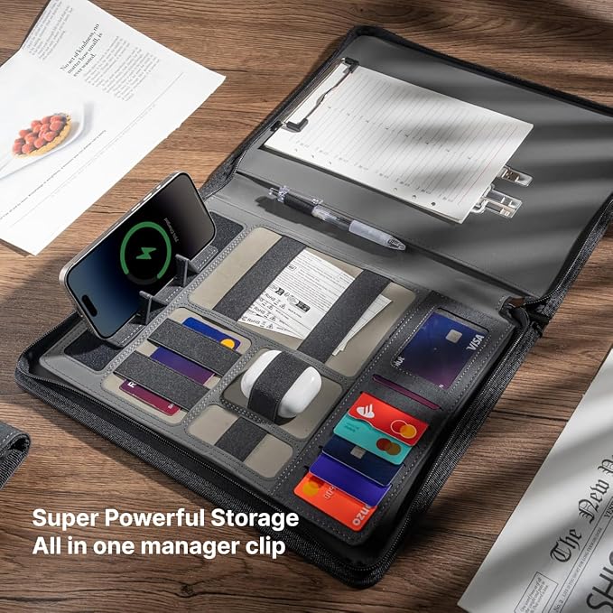 CARDSILK， Leather Zipper Portfolio Binder with Wired Charging, Clipboard – Business Organizer Padfolio folder with Built-in Power Bank, Tablet Slot, Zip Up Binder & portfolio clipboard for Women/Men