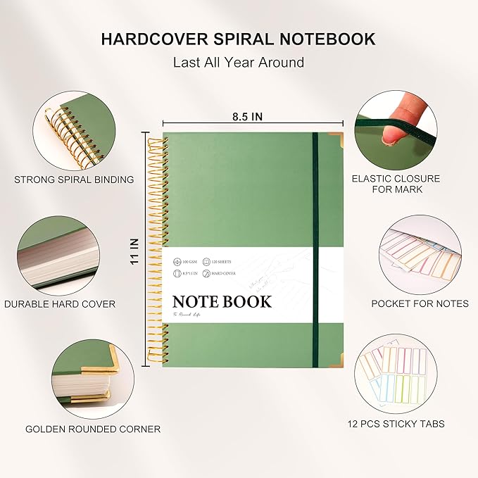 Large Spiral Notebook College Ruled with Tab Stickers A4 Notebooks for School Supplies Hardcover Spiral Notebook 8.5 x 11 Journal Note Book for Work Note Taking Women Men Writing, 220 Pages, Green