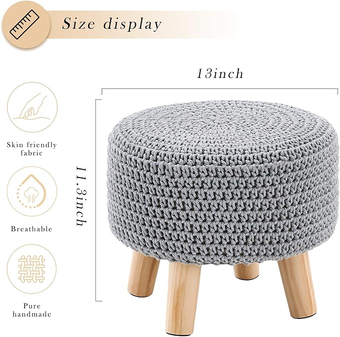 Boho Ottoman Foot Stool Cotton Knitted Round Pouf Ottoman Foot Rest Stool with Non-Skid Wooden Legs Step Stool Padded Seat for Living Room Gray