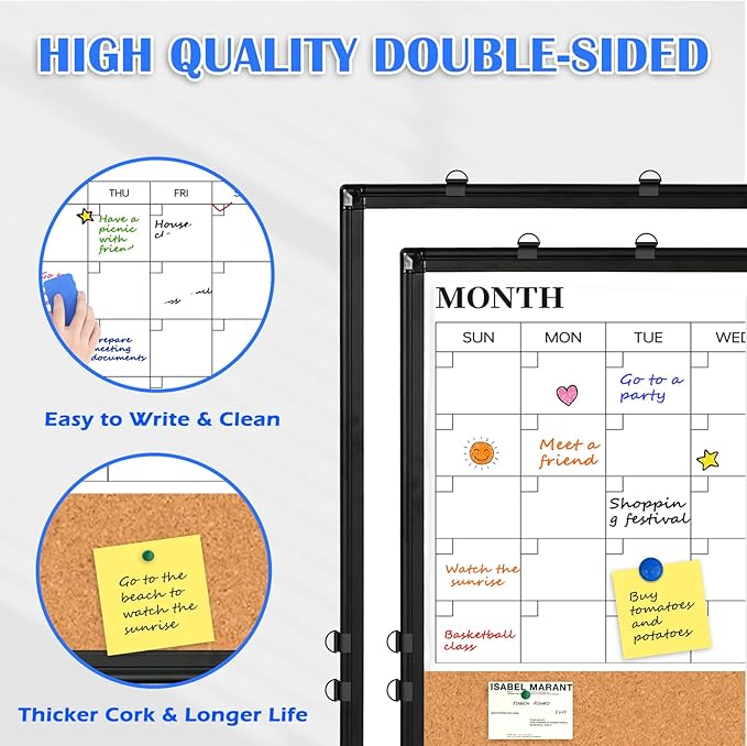 Monthly Calendar Whiteboard Dry Erase Cork Board Combo, 24" x 18" Magnetic Double-Sided Calendar White Board and Bulletin Board with Black Aluminium Frame, Portable Whiteboard for Office, Home, School