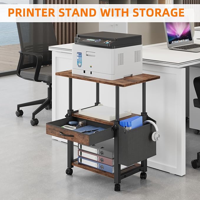 Large Printer Stand with Storage Drawer and Side Bag, 3-Tier Height Adjustable Table for Home Office, Fits Heat Press/Laser/3D Printer (Rustic Brown)