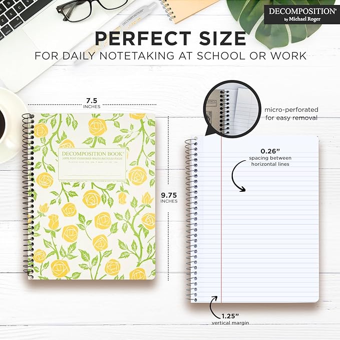 Decomposition Roses College Ruled Spiral Notebooks – 9.75 x 7.5 Journal with 160 Lined Pages – Cute Notebooks for School Supplies, Home & Office – 100% Recycled Paper – Made in USA
