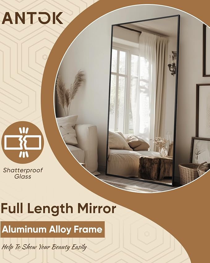 Antok Full Length Mirror, 58"x21" Floor Mirror, Floor Standing Freestanding Full Body Mirror with Stand for Bedroom, Hanging Mounted for Living Room Cloakroom, Black