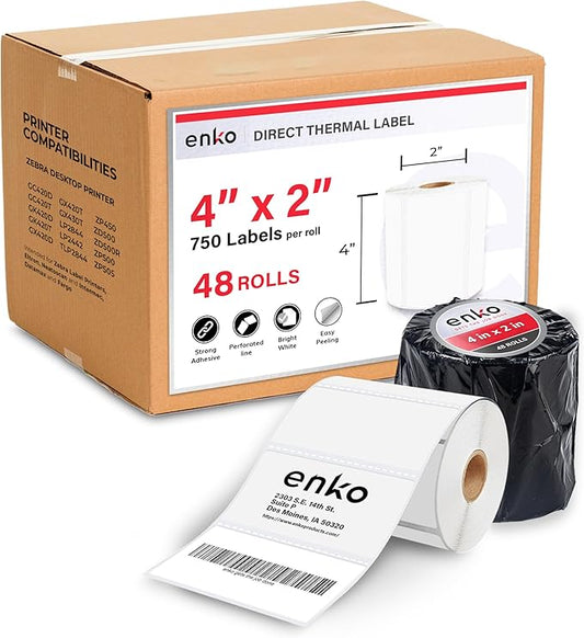 enKo 4" x 2" Labels for Zebra Desktop Printers (48 Rolls | 36,000 Labels) Direct Thermal Address Mailing Shipping Barcode FBA Stickers FNSKU Label for Zebra and Eltron (Perforated)