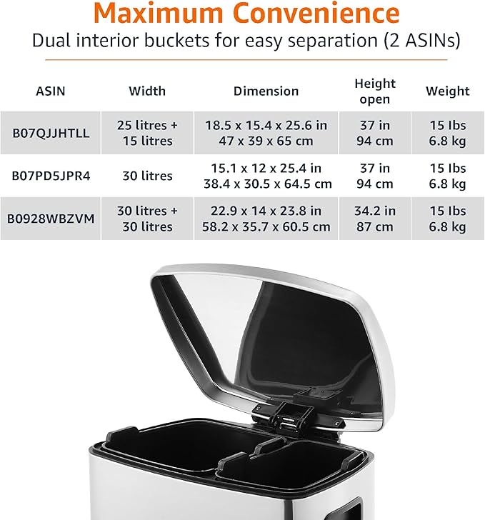 Amazon Basics Dual Compartment Recycling Trash Can with Soft-Close Lid and Removable Liner Buckets, 60 Liters, Rectangular, Grey, Silver