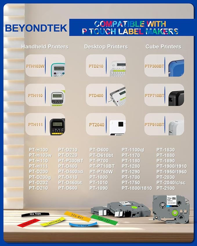6Pk Replace for Brother Label Maker Tape Work with Brother P Touch Label Tape 12mm 0.47 Laminated Colored TZ 1/2" TZe-B31 TZe-335 TZe431-731 for PT-H103w H110 D210 D400 1180 1280 1890 2040,8m 26.2ft