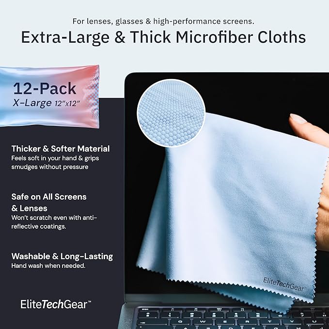 Elite Tech Gear Microfiber Cleaning Cloth 12-Pack - 12"x12" Oversized, Washable & Durable for Glasses, Lenses, Electronics & Screens - High Tech Quality Material
