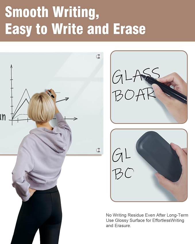 Magnetic Glass Whiteboard，60"x48" Wall Mounted Frameless Dry Erase Board for Office, Home & School White
