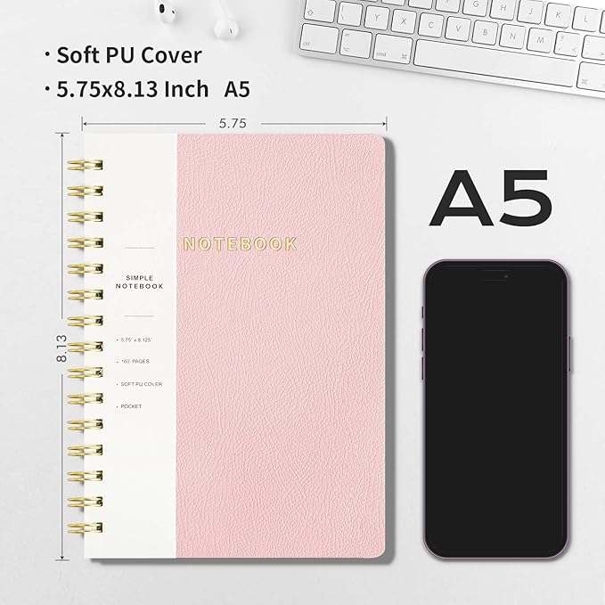 Lined Spiral Notebook College Ruled A5 Journal Book for Note Taking, 160 Pages Writing Journal for Office and Home School Supplies 5.75x8.125 inch (1Pink)