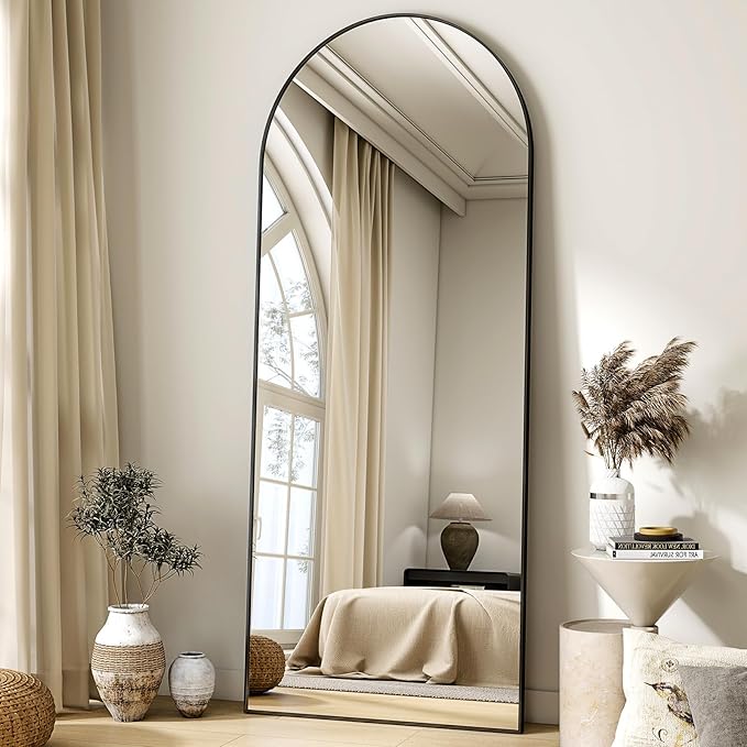 HARRITPURE 65"x24" Arched Full Length Mirror Free Standing & Wall-Mounted Full-Length Mirror with Stand Modern Black Mirror for Living Room Bedroom Cloakroom Aluminum Frame