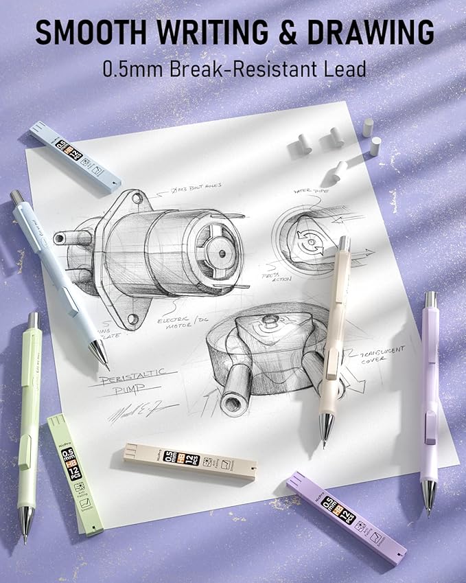 Nicpro 4PCS Pastel Mechanical Pencil 0.5mm, Cute Fast Click Mechanical Pencils Set with 100PCS HB Lead Refills, Erasers and Eraser Refills, Aesthetic School Supplies for Writing, Drawing, Sketching