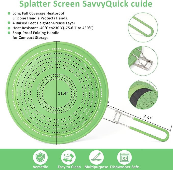 11" Multi-Functional Silicone Splatter Screen with Foldable Handle | 3-in-1 Activated Carbon Filter for Odor Absorption | Dishwasher Safe & Easy Cleaning | Fits 8-11" Pans