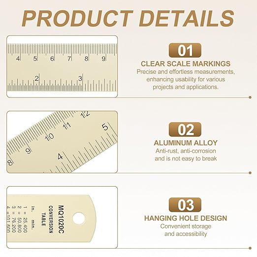 HARFINGTON 2pcs Metal Straight Ruler 30cm Metric SAE Aluminum Alloy Measuring Rulers Scale Tool with Hole for Measure Study Reading Classroom Office, White