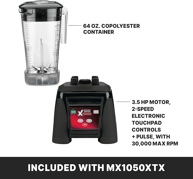 Waring Commercial MX1050XTX 3.5 HP Blender with Electronic Keypad Controls, Pulse Feature and a 64 oz. BPA Free Copolyester Container, 120V, 5-15 Phase Plug