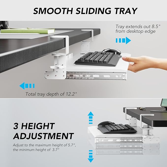 Keyboard Tray Under Desk Pull Out with Extra Sturdy C Clamp Mount System, 27.3 (32.5 inch Including Clamps) x 11 Inch Slide-Out Platform Computer Drawer for Typing White AX01WW01