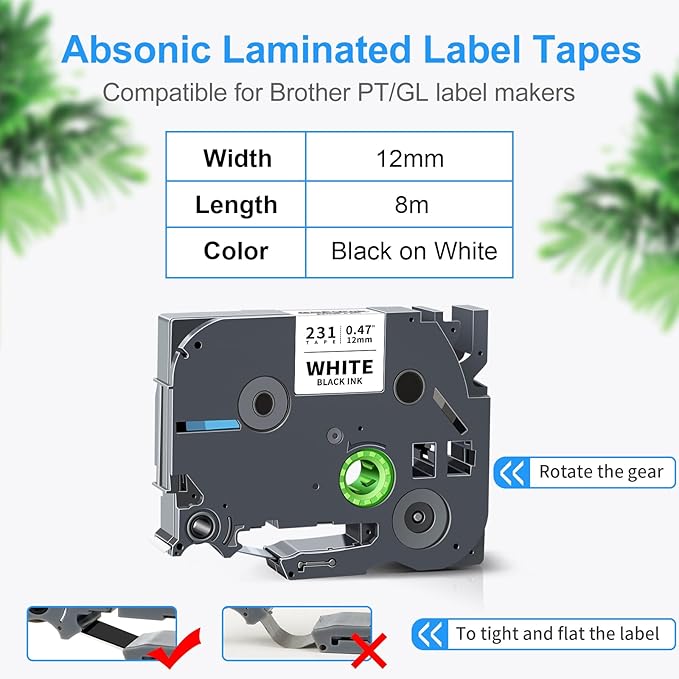 Absonic 12mm 0.47 Laminated White Tz-231 Tape Compatible for Brother Tze-231 Tze Tape 1/2 Inch Refills Work for P Touch Label Maker PTD220 PTD210 PTH110 PTP710 PT-610BT PTD400, Black on White, 6 Pack