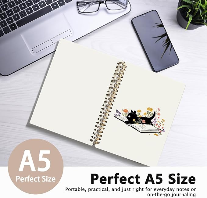 Cat Notebook Journal for Teen Girls, Black Cats Floral Book Spiral Notebook for School Supplies, Cute Notebooks for School Aesthetic, Cat Lover Gifts for Women Men & Girls 5.5x8.3 Inch