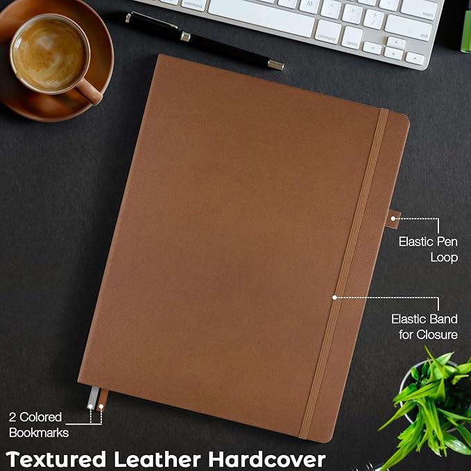 Lined Journal Notebook, 8.5" x 11" Hardcover Leather Notebook for Work, Wide Ruled Notebook Journal for Women Men, 192 Thick Paper, Lay Flat, 2 Pockets, A4 Large Journals for Writing, Brown Notebook