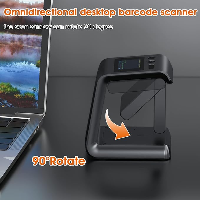 Alacrity 2D QR Wireless Barcode Scanner Hands-Free Omnidirectional Desktop Bar Code Scanner with Screen Display Compatible with Bluetooth & 2.4GHz Wireless for Airport Supermarket