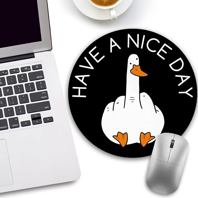 Funny Duck Work Mouse Pad, Small Round Mouse Pads for Desk, Mini Travel Mousepad for Wireless Computer Laptop, Office Desk Accessories, Have a Nice Day Middle Finger, 8.6 x 8.6 inch