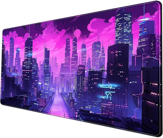 Desk Pad Cyberpunk Purple Desk Mat City Skyline Gaming Extended Mouse Pad Big Office Keyboard Pc Laptop for Women Large Mousepad with Stitched Eges Non-Slip Base Mouse Keyboard Mat 31.5x11.8 in