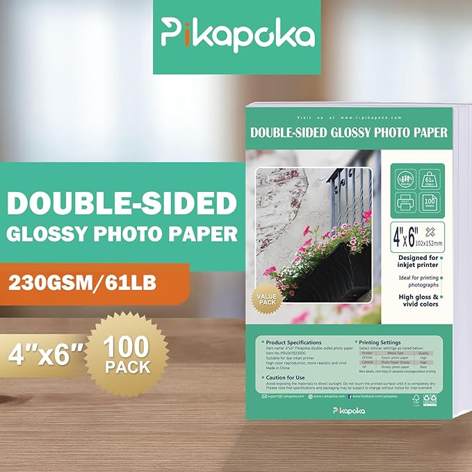 Double Sided Glossy Photo Paper 4x6, Thick Glossy Paper for Cardstock, 100 Sheets 61lb for Inkjet Printer