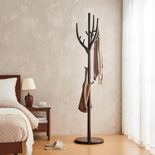 Uniclinens Coat Rack Freestanding Solid Wood Coat Tree Standing with 12 Hooks, Coat Rack Stand Creative Tree Branch-look (Dark Walnut)