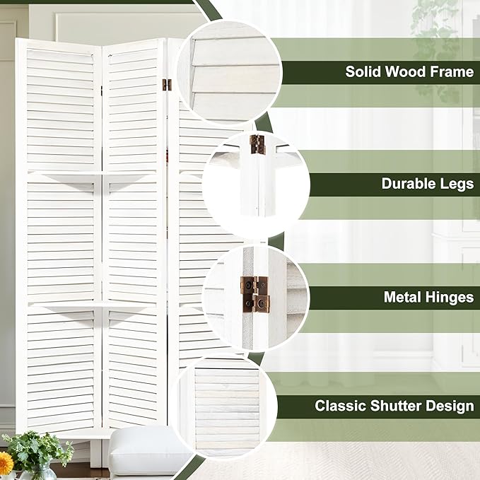 NicBex 6 Panel Room Divider,5.6FT Wood Carved Room Dividers with Display Shelves Folding Privacy Screens Portable Freestanding Partition Wall Dividers for Room Separation,Home Bedroom Office,White