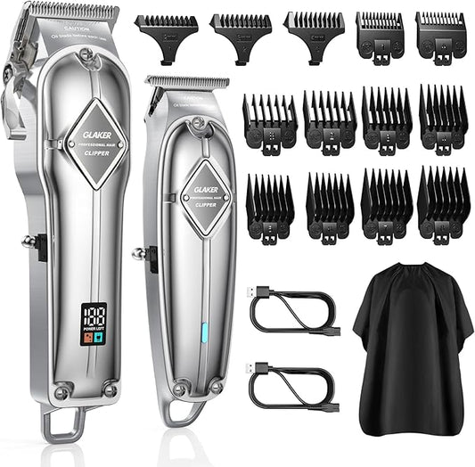 GLAKER Hair Clippers for Men Professional - Cordless Clippers and Trimmers Set, Complete Barber Kit for Hair Trimming & Beard Grooming, Mens Haircutting Kits for Blending & Fade Cuts (Silver)