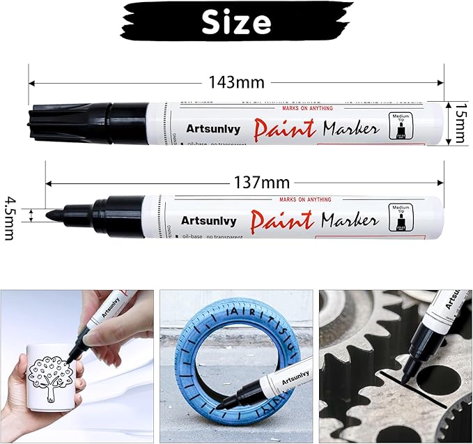 Black Paint Pens Permanent Markers - 2 Pack Oil Based Quick Dry Waterproof Markers for Plastic, Tire, Rubber,Wood, Rocks, Metal, Canvas, Dark Surface,Craft Art Supplies,Medium Point