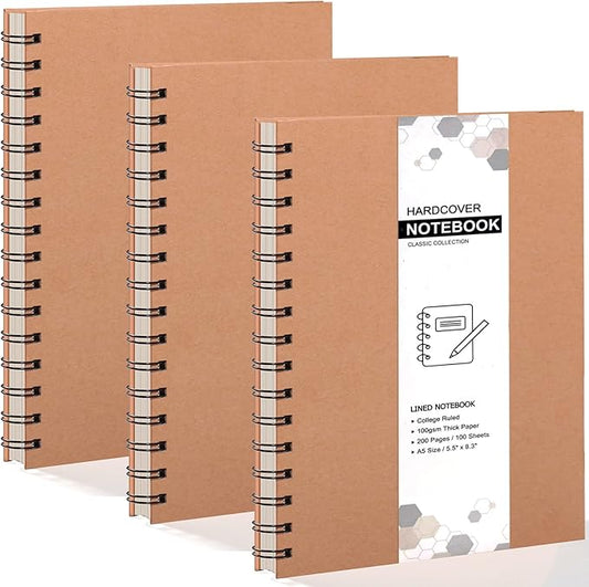 3 Pack Spiral Notebooks 5.83"x8.27", 200 Pages/100 Sheets A5 Spiral Notebook Journal, with Kraft Hard Cover, Ruled Lined Paper, for Work, School, College Students, Gifts