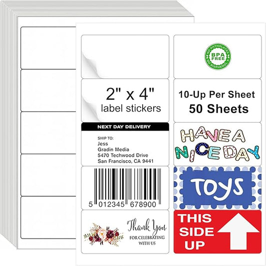 2x4 Shipping Address Labels, 500 Matte Printable Sticker Labels for Mailing Labels, Fragile Stickers, Product Sticker Making, 8.5 x 11 Label Paper for Lase Inkjet Printer, 10 Up Per Sheet, 50 Sheets