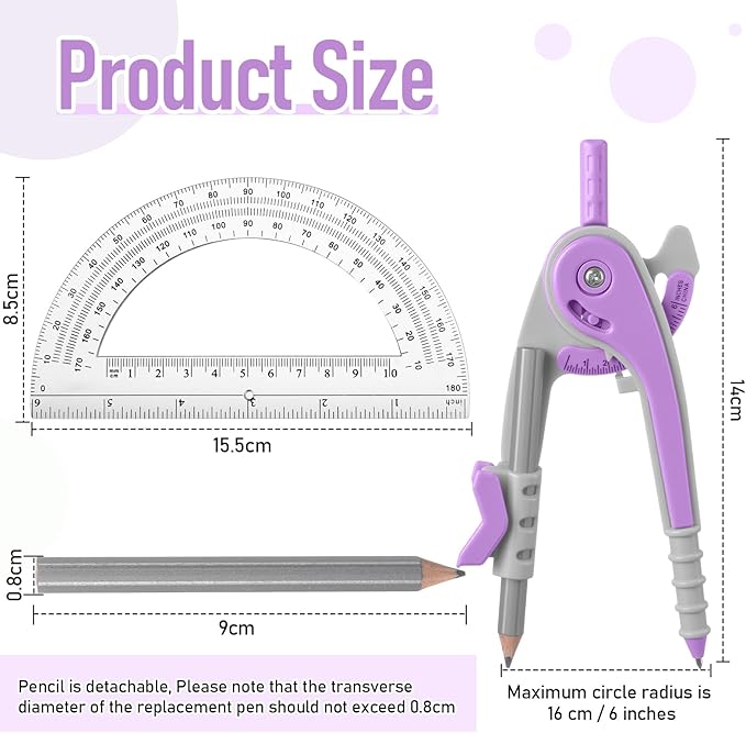 EBOOT Student Geometry Math Set, Drawing Compass and 6 Inch Clear Swing Arm Protractors 180 Degree Math Protractor (Lavender Purple)