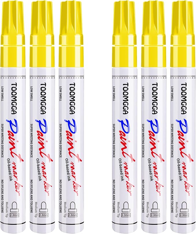 Yellow Permanent Paint Pens Paint Markers - 6 Pack Oil Based Markers, Quick Drying and Waterproof Marker Pen, Car Tire, Metal, Rock Painting, Wood, Ceramic, Plastic, Canvas, Mugs, Medium Tip